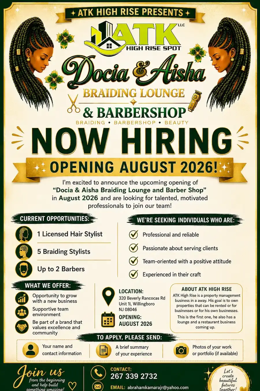 Now hiring poster for Docia & Aisha Braiding Lounge and Barbershop opening August 2026 in Willingboro NJ
